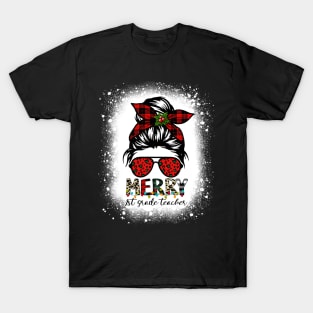 Merry 1st Grade Teacher Messy Bun Merry Christmas Bleached T-Shirt